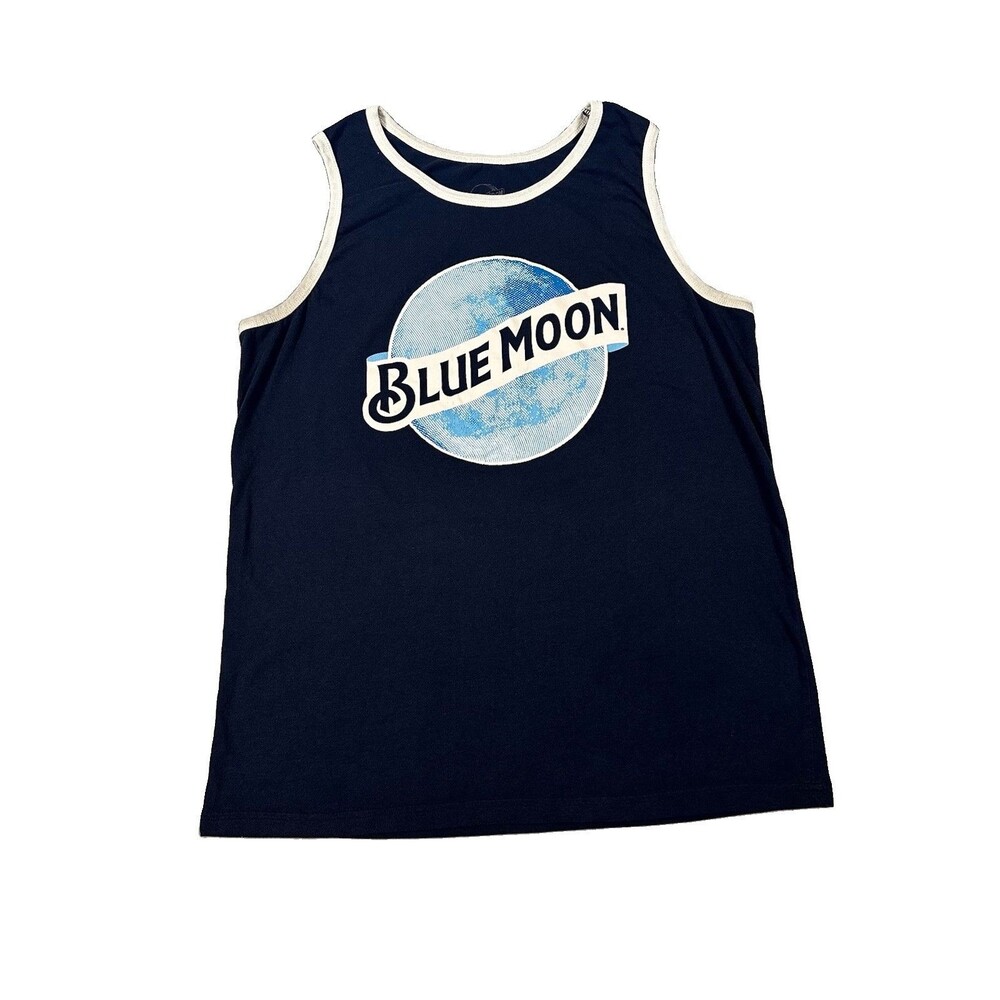 Blue Moon Beer Tank Top Mens Large Navy White Ringer Logo Graphic Sleeveless